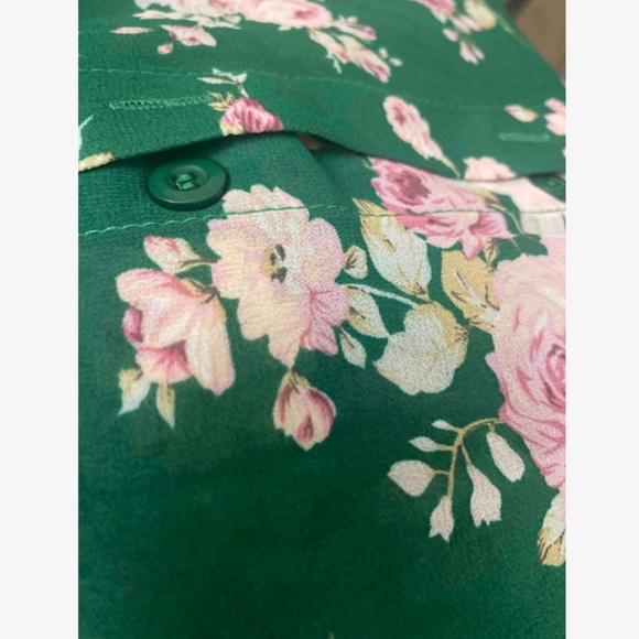 Green Button Down Shirt Long Sleeve Rose Floral Print Pink - Picture 10 of 11